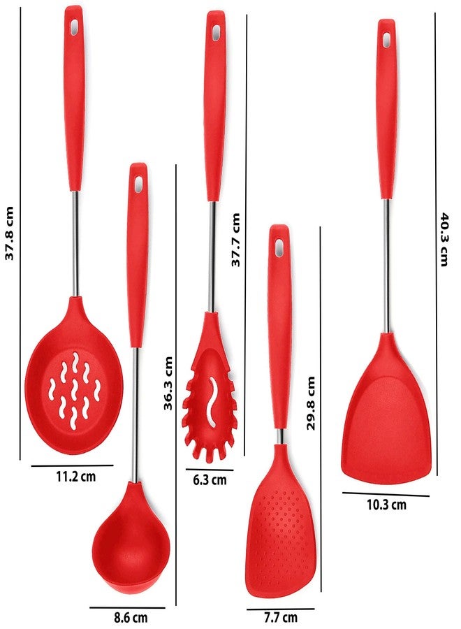 FS COOL Soup Ladle - Spaghetti Spoon - Serving Spoon - Skimmer Spoon for Frying - Nonstick Spatula - Kitchen Spoon Set for Cooking - Ladles for Cooking - Rice Spatula - Chamcha Set (Set of 5, Red) - Image 2